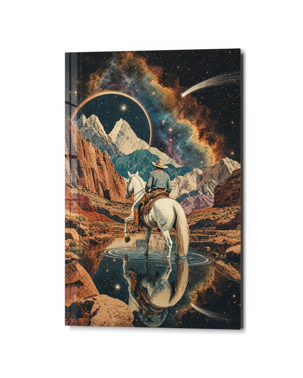 Ride beyond the Mountains — studio view of glass wall art
