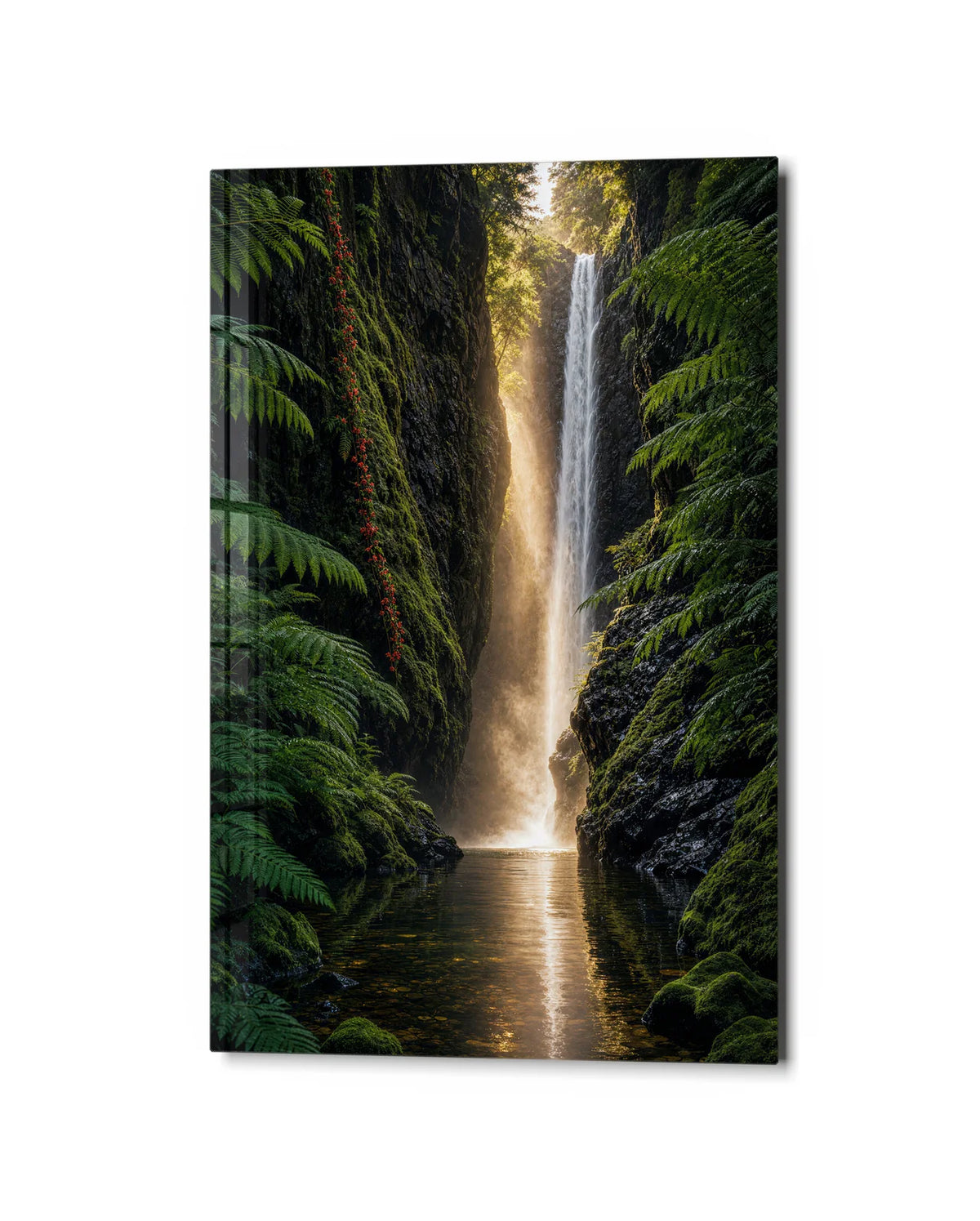 Green Ravine — studio view of glass wall art