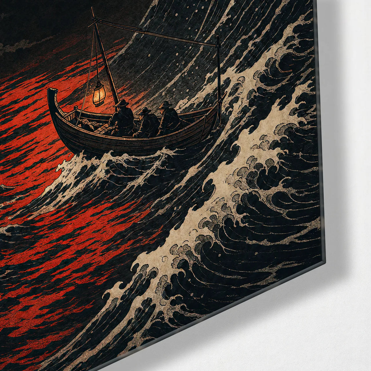 Red Sun Rising Wave — corner detail of glass wall art