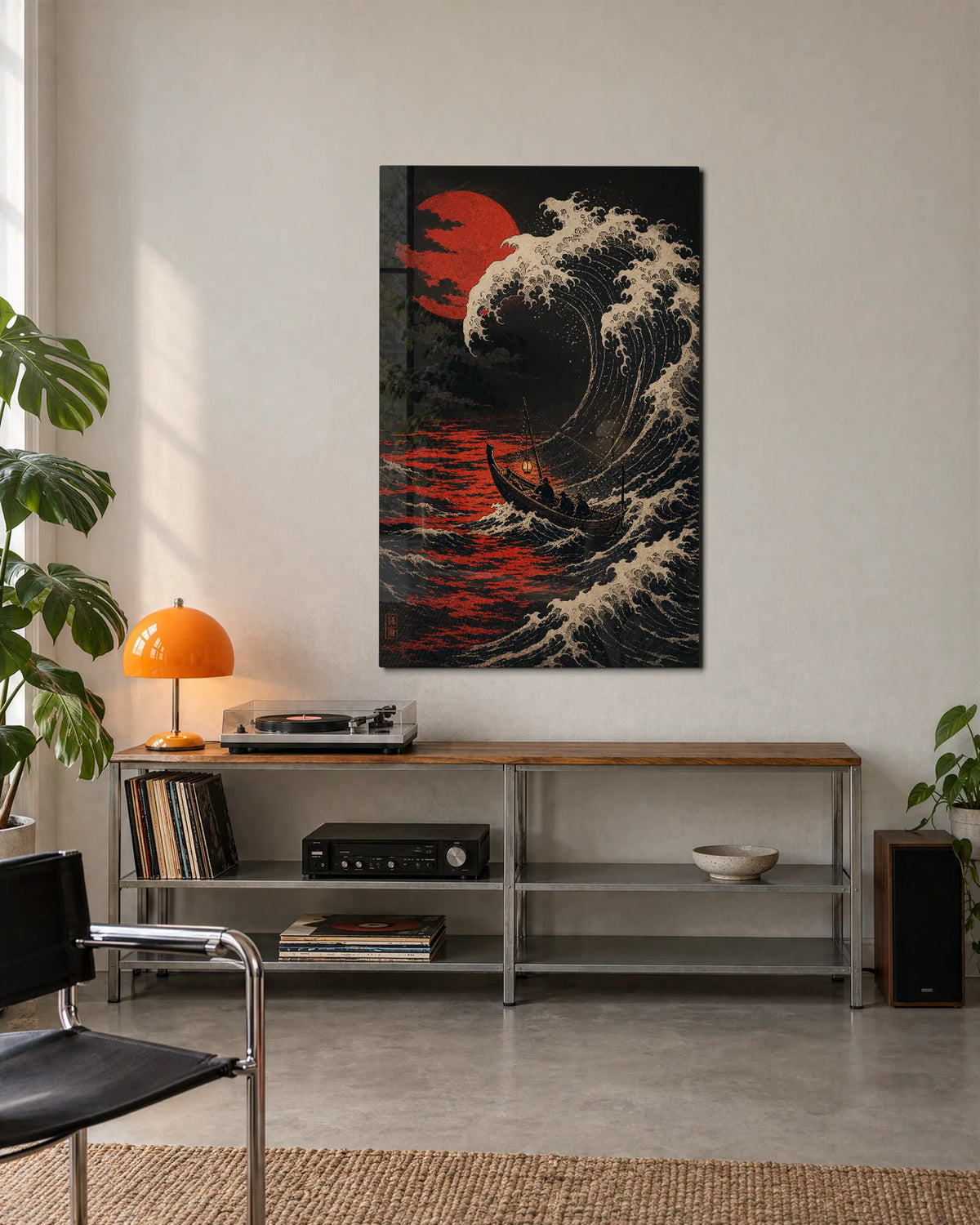 Red Sun Rising Wave — shown in a living space