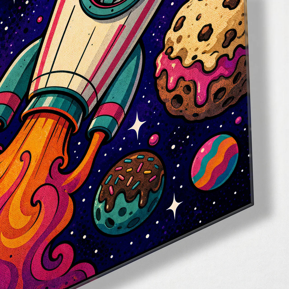 Sweet Escape Rocket — corner detail of glass wall art