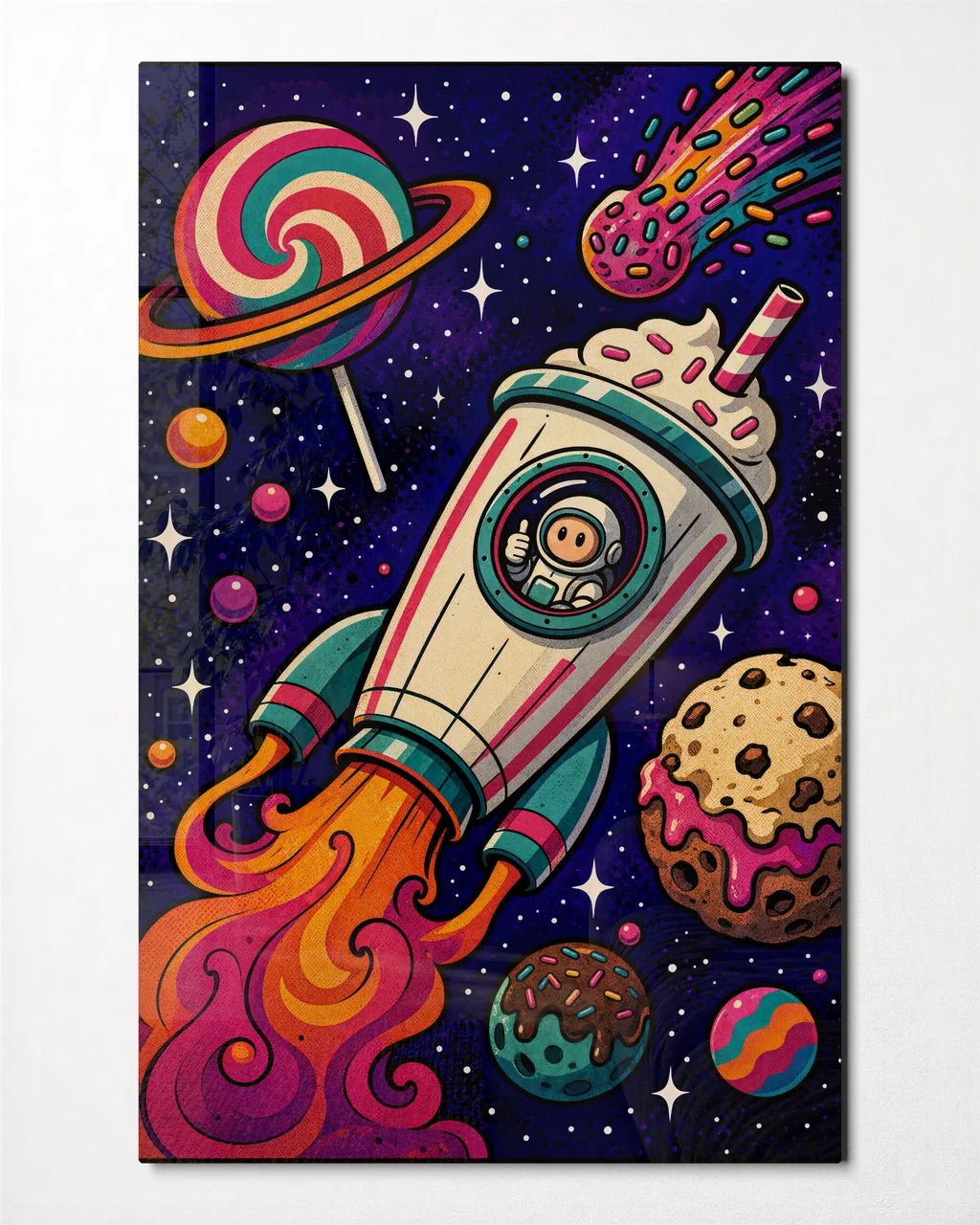 Sweet Escape Rocket — front view of glass wall art