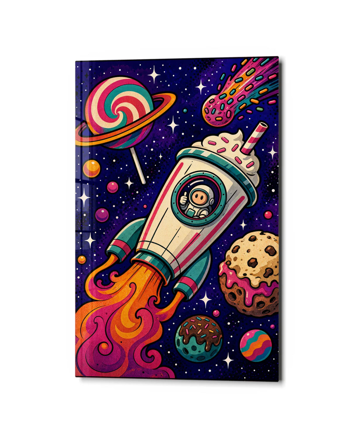 Sweet Escape Rocket — studio view of glass wall art