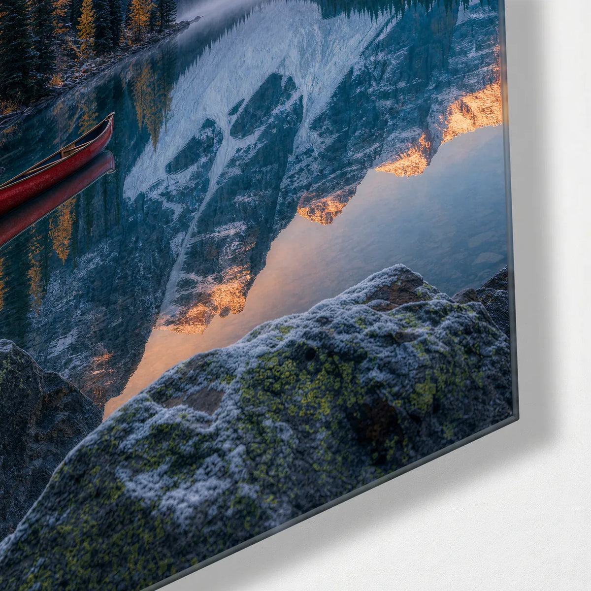The Red Canoe — corner detail of glass wall art