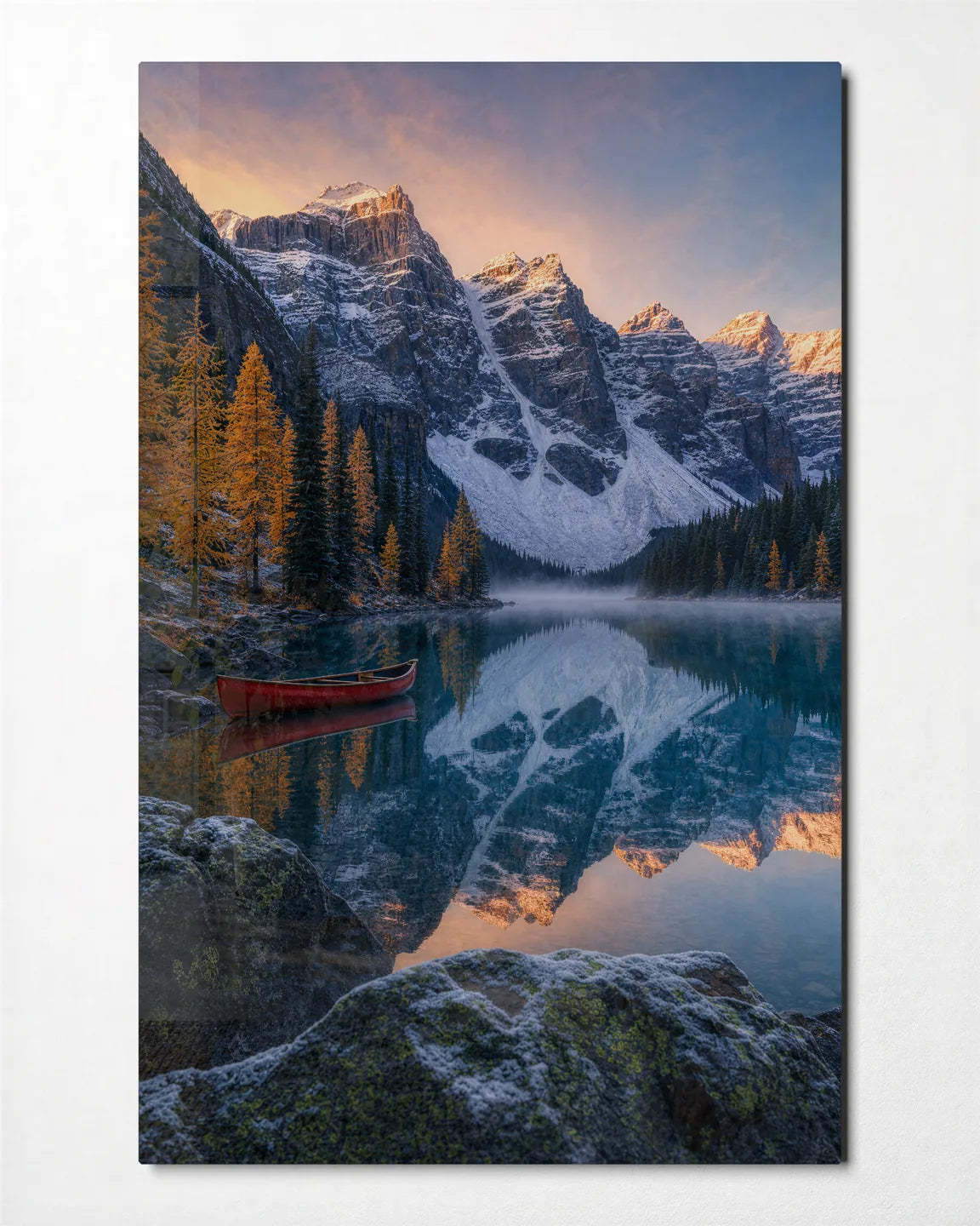 The Red Canoe — front view of glass wall art