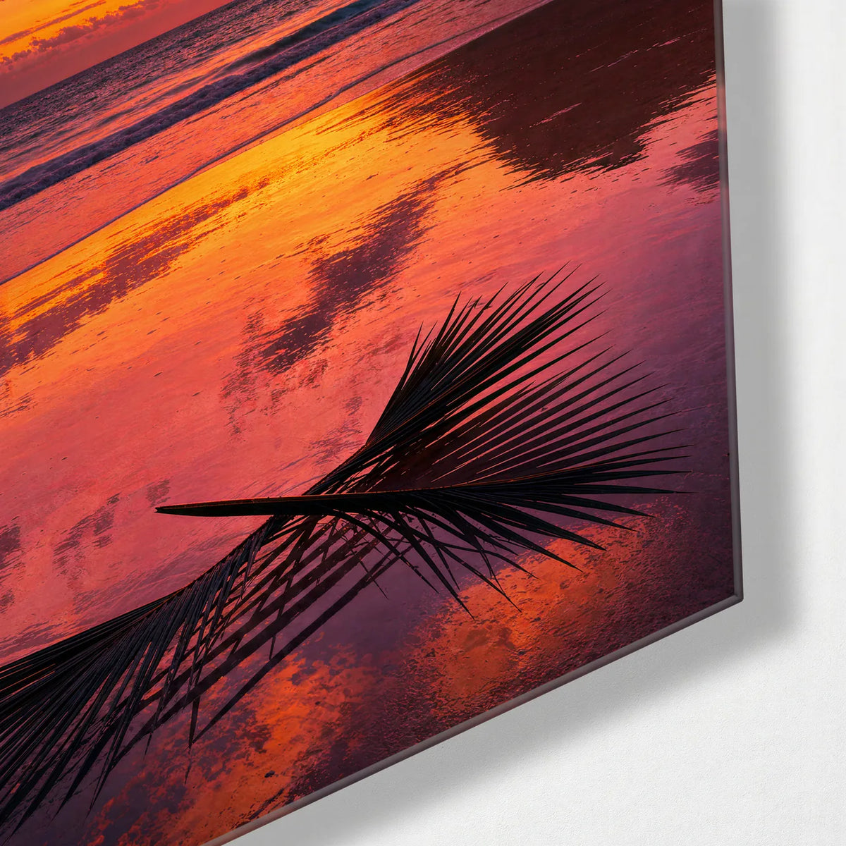 Palm at Sunset — corner detail of glass wall art