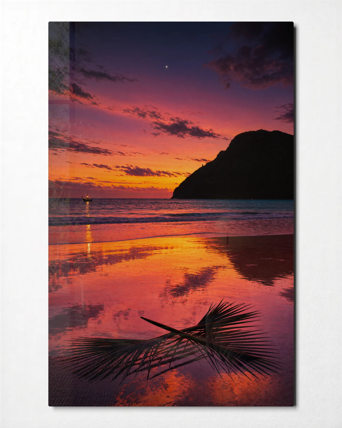 Palm at Sunset — front view of glass wall art
