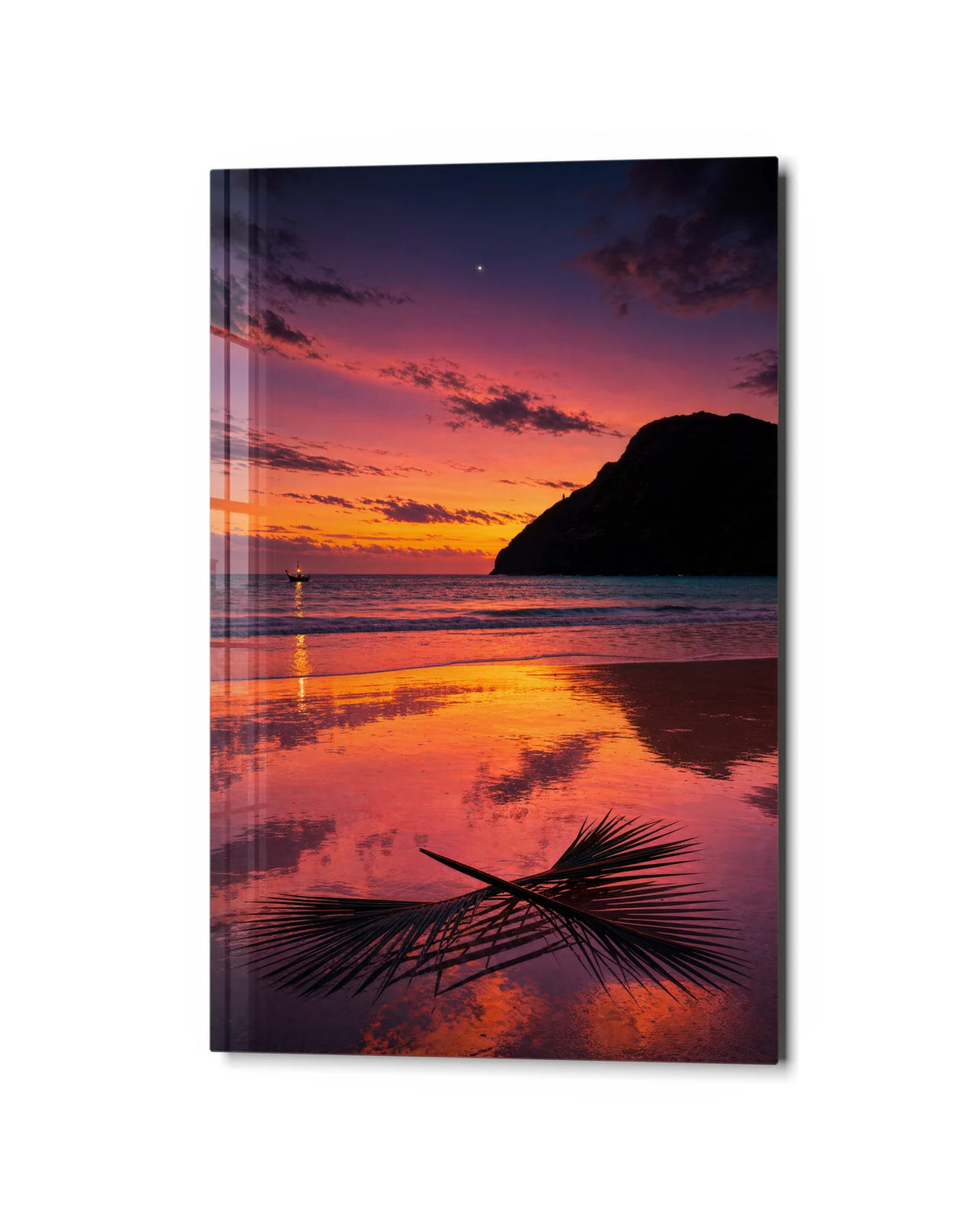 Palm at Sunset — studio view of glass wall art