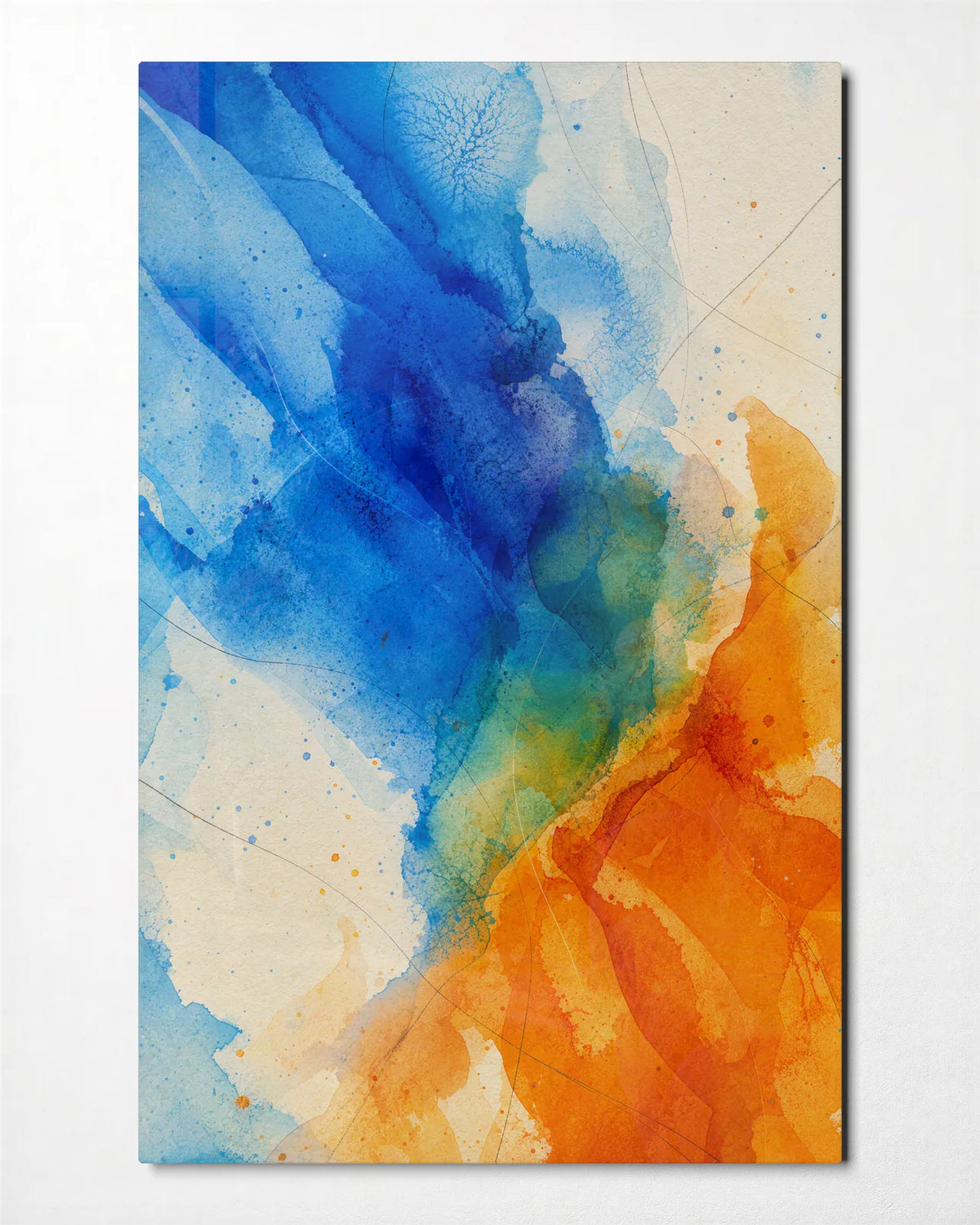 Blue Meets Orange — front view of glass wall art