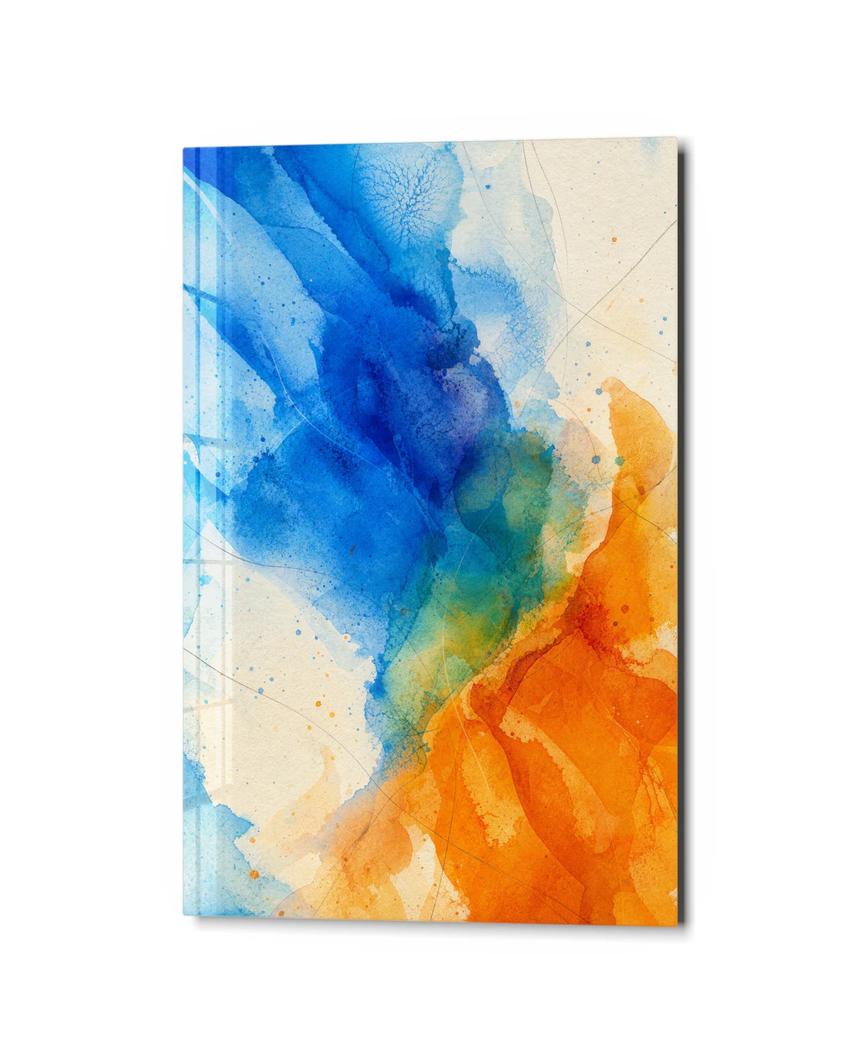 Blue Meets Orange — studio view of glass wall art