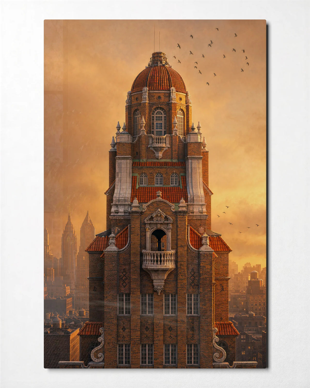 The Golden Tower — front view of glass wall art