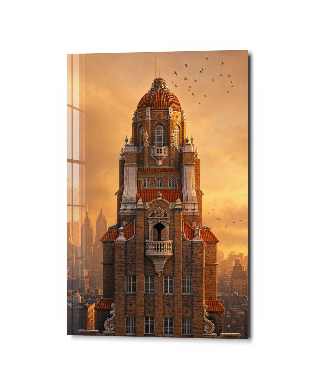 The Golden Tower — studio view of glass wall art