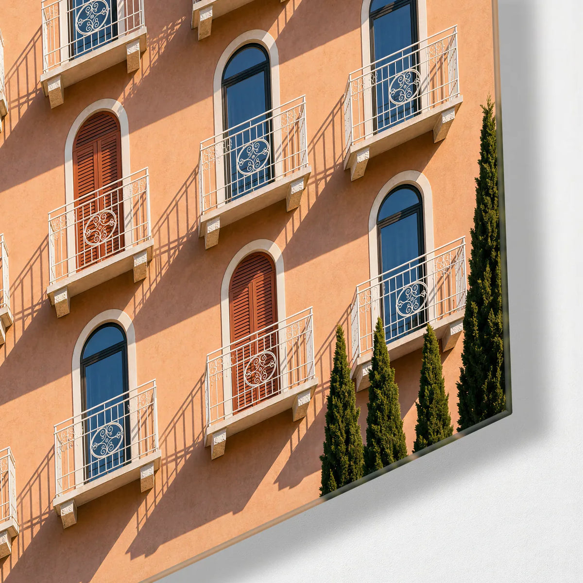 Peach Facade — corner detail of glass wall art