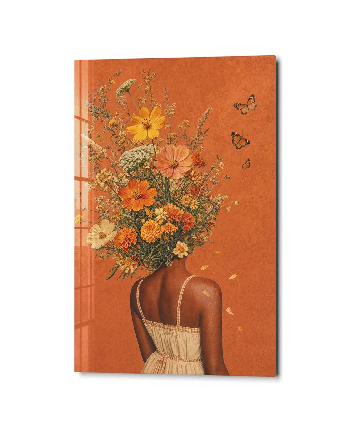 Flowers on Her Mind — studio view of glass wall art