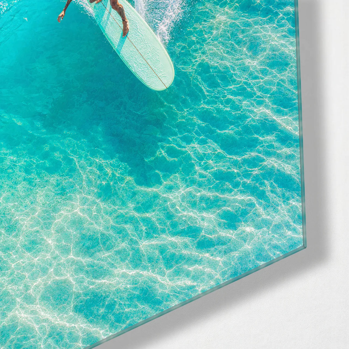 Turquoise Ride — corner detail of glass wall art