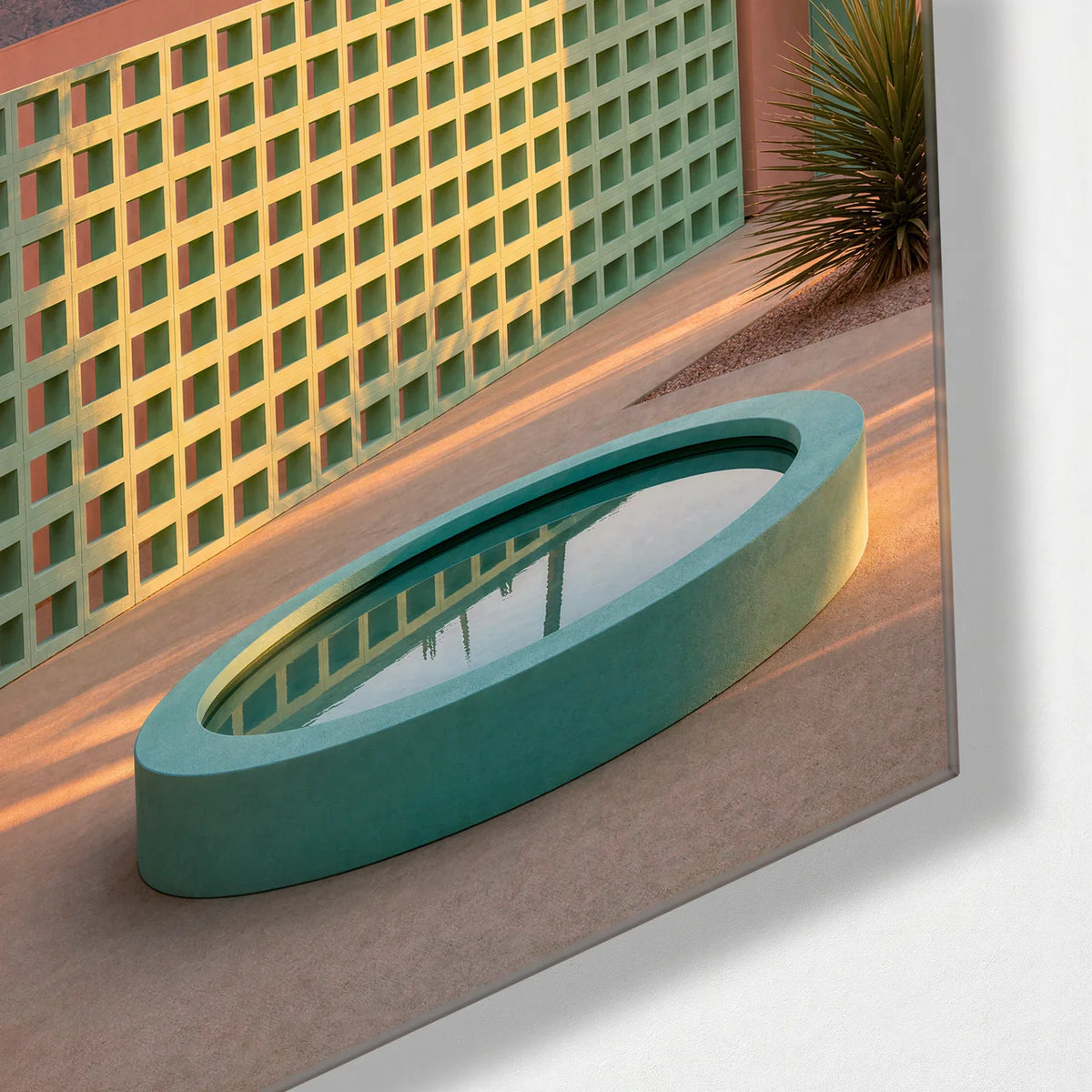 Palm Court — corner detail of glass wall art