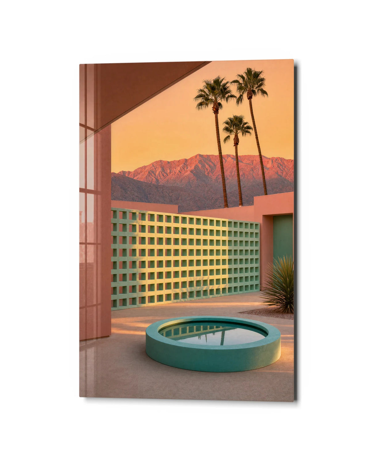 Palm Court — studio view of glass wall art