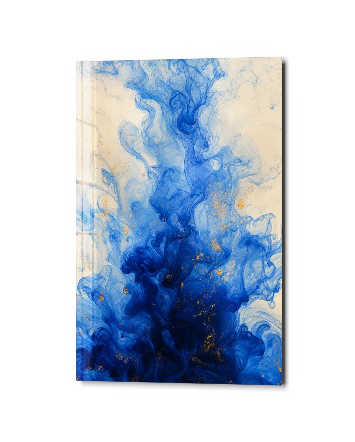 Blue Rising — studio view of glass wall art
