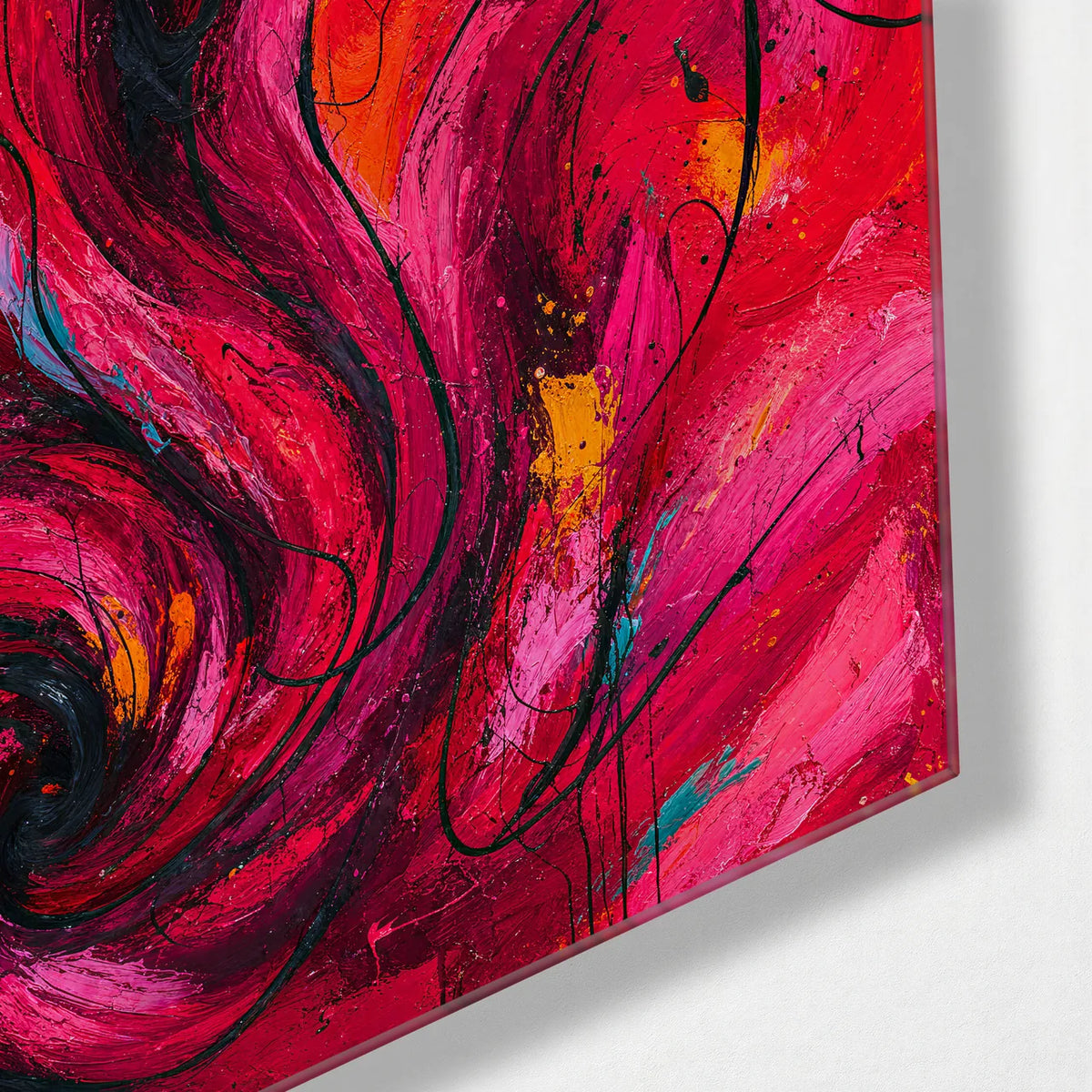 Red in Motion — corner detail of glass wall art
