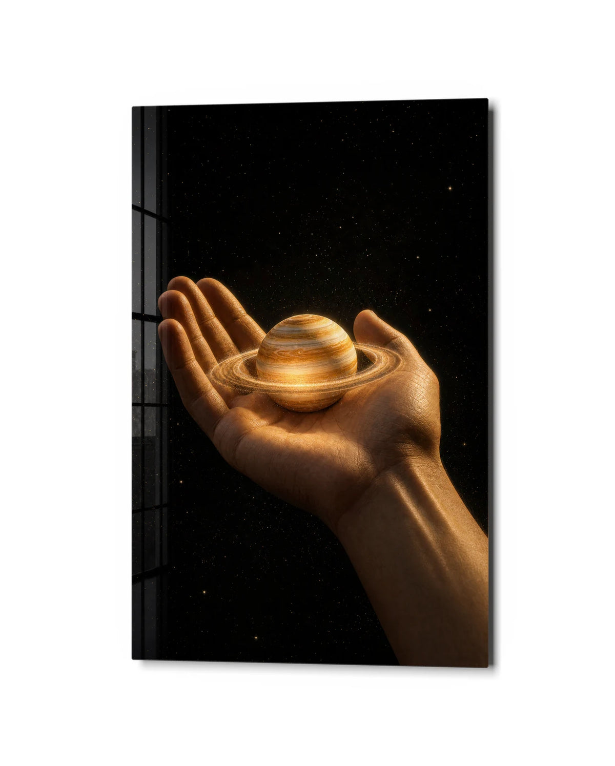 A Planet in Hand — studio view of glass wall art