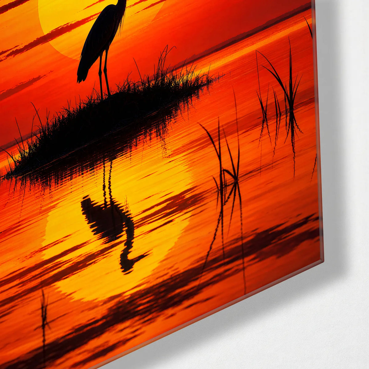 Heron at Sundown — corner detail of glass wall art
