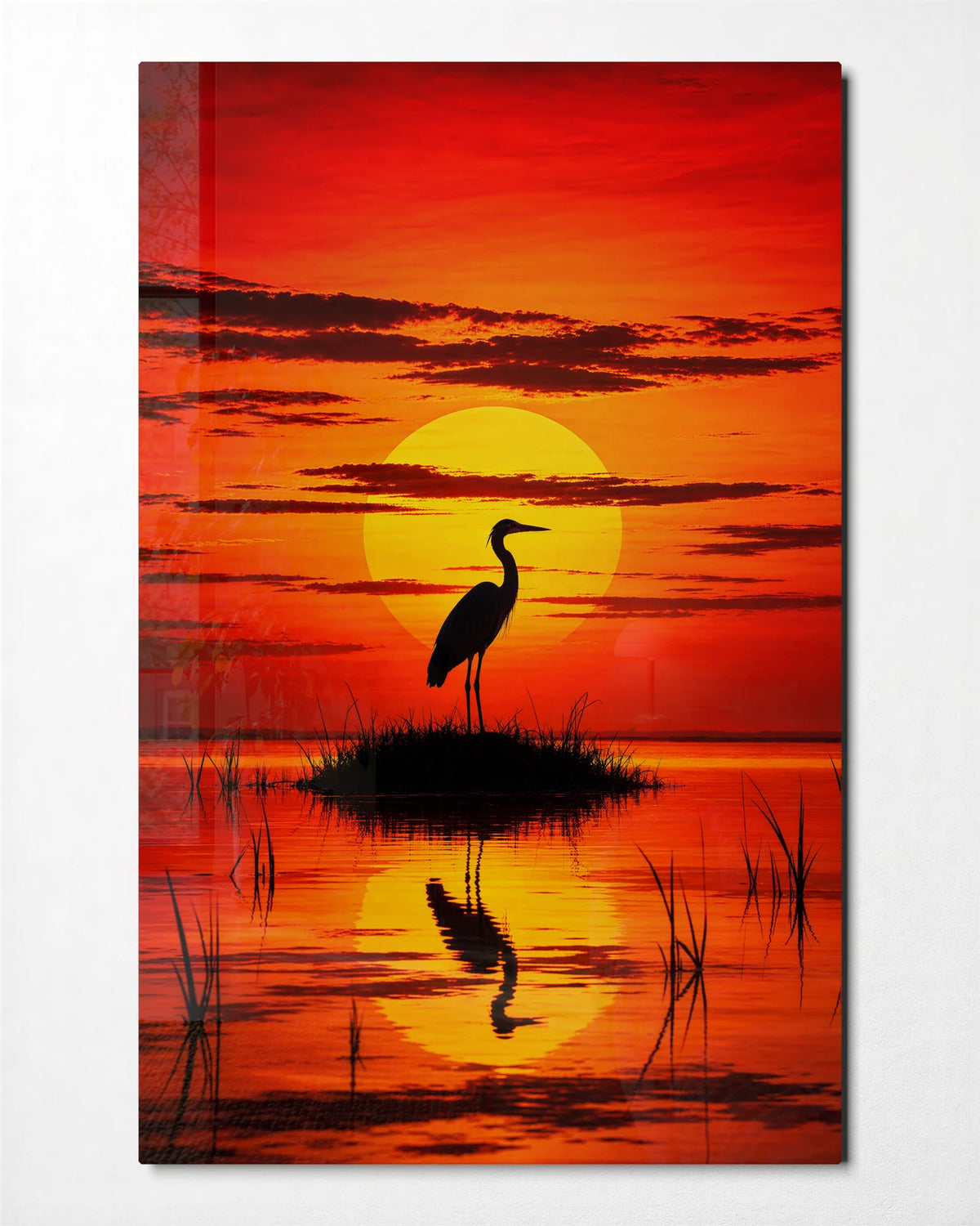 Heron at Sundown — front view of glass wall art