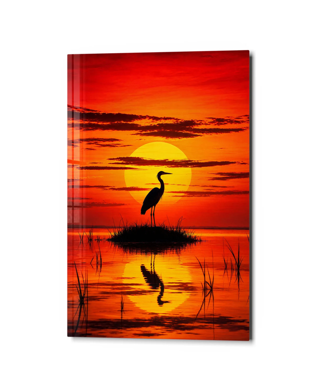Heron at Sundown — studio view of glass wall art