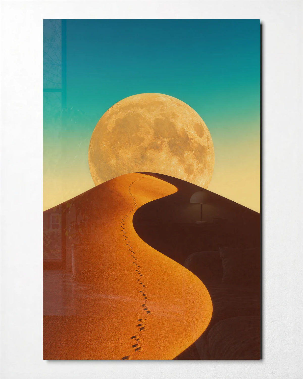 Footsteps to the Moon — front view of glass wall art