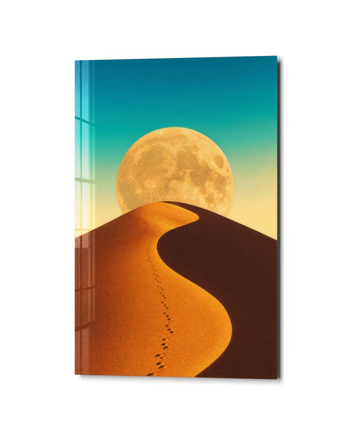Footsteps to the Moon — studio view of glass wall art