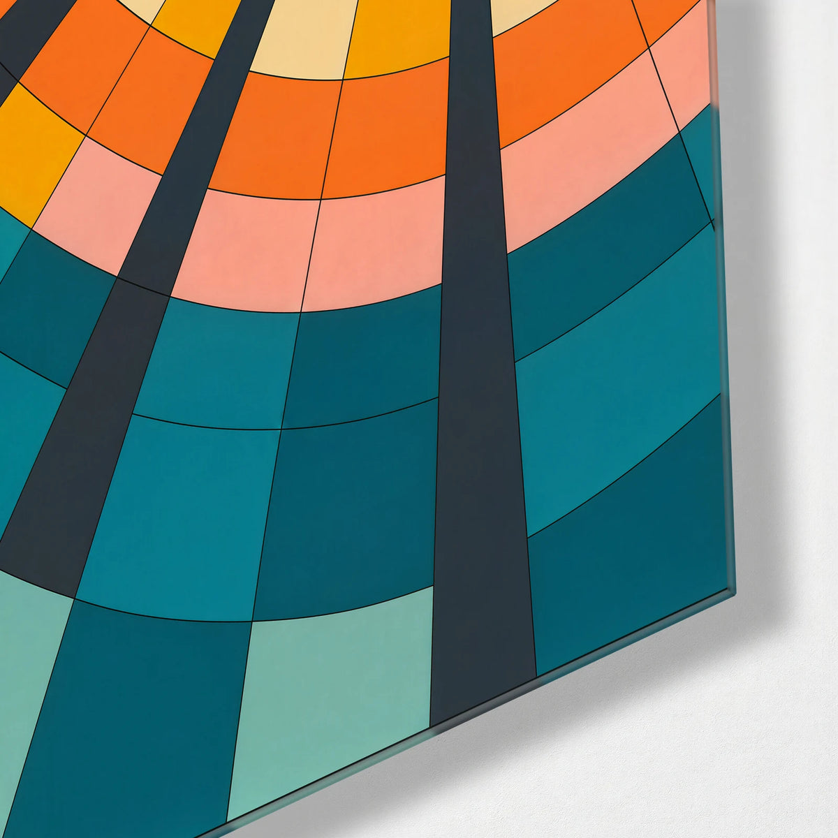 Sunwheel Geometry — corner detail of glass wall art