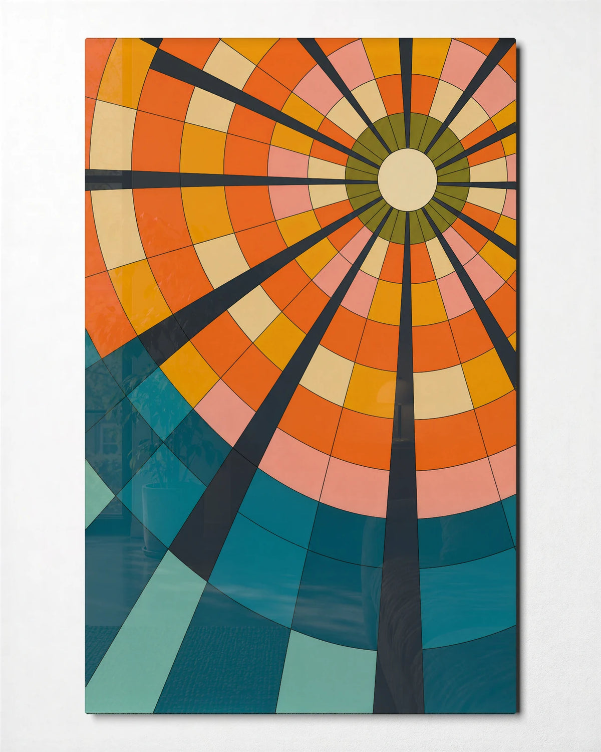 Sunwheel Geometry — front view of glass wall art