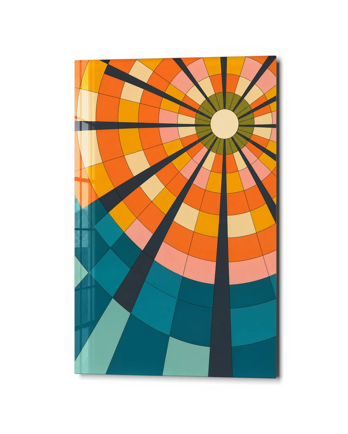 Sunwheel Geometry — studio view of glass wall art