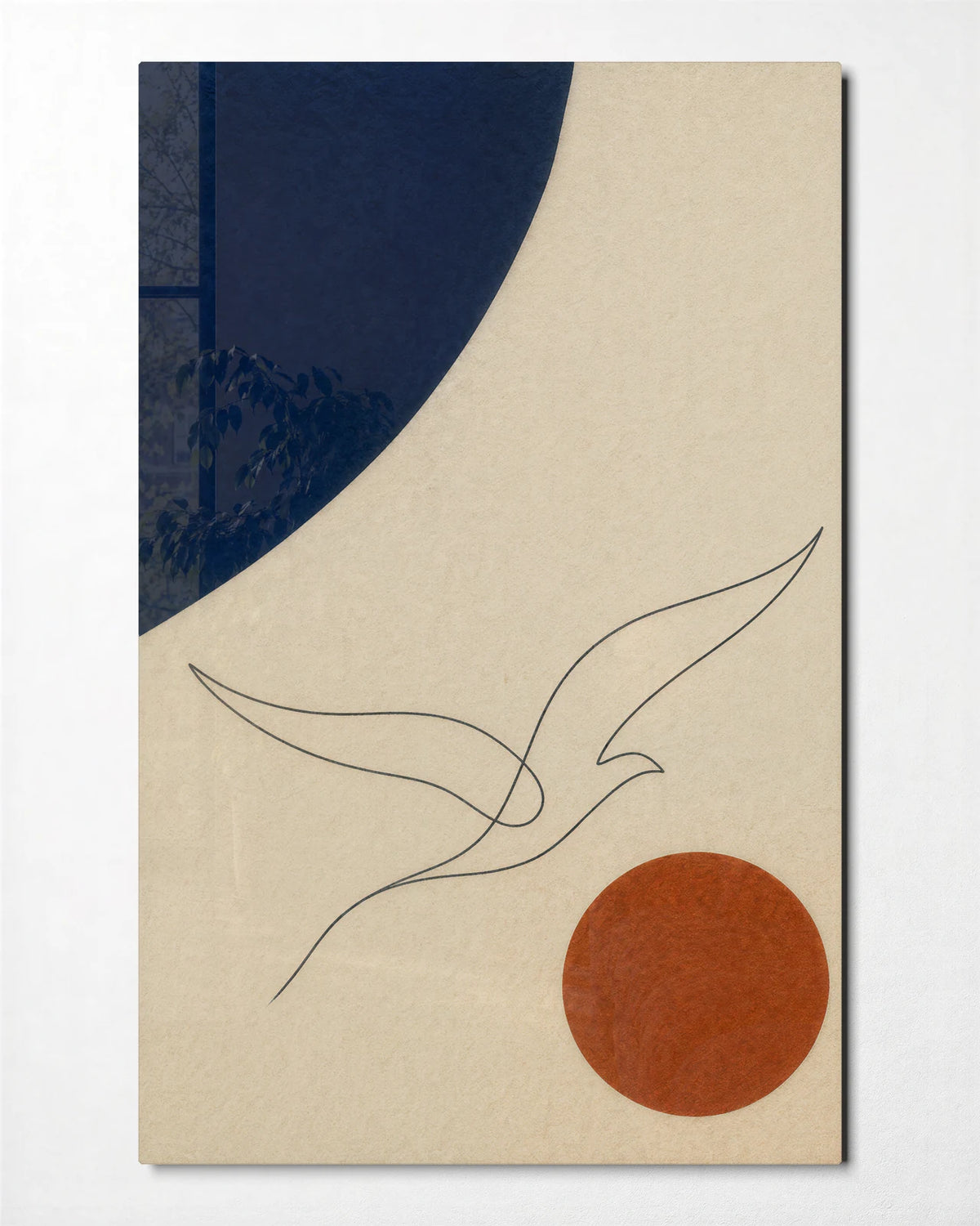Bird between Circles — front view of glass wall art