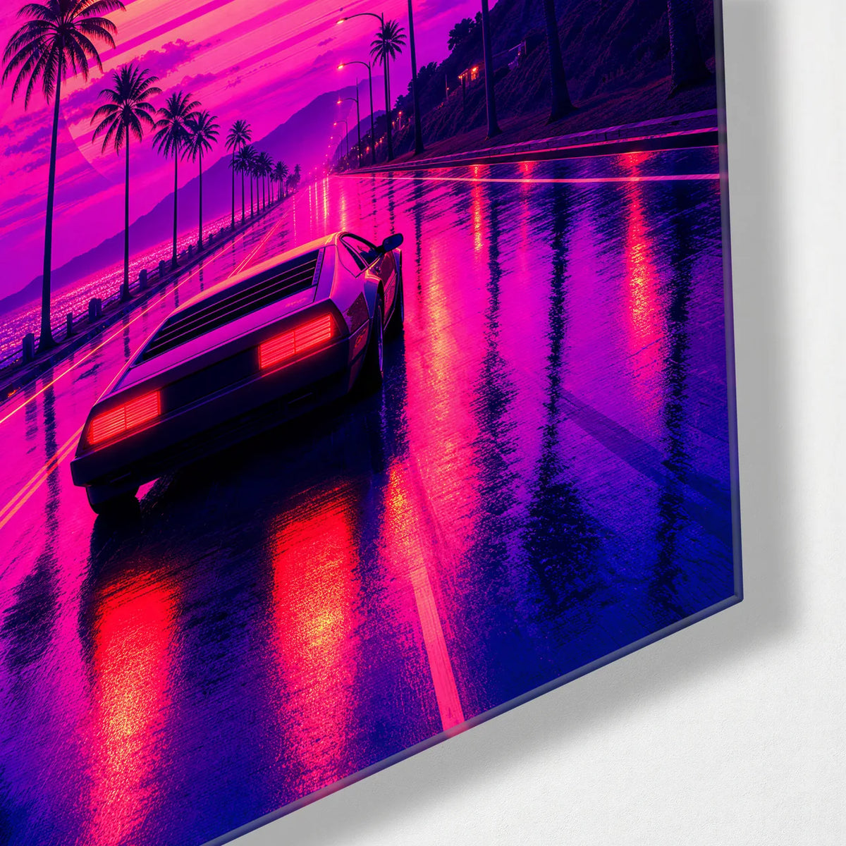 Neon Coast Drive — corner detail of glass wall art