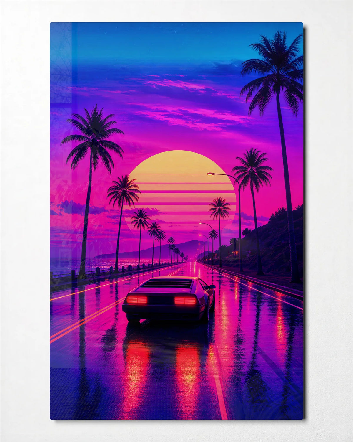 Neon Coast Drive — front view of glass wall art