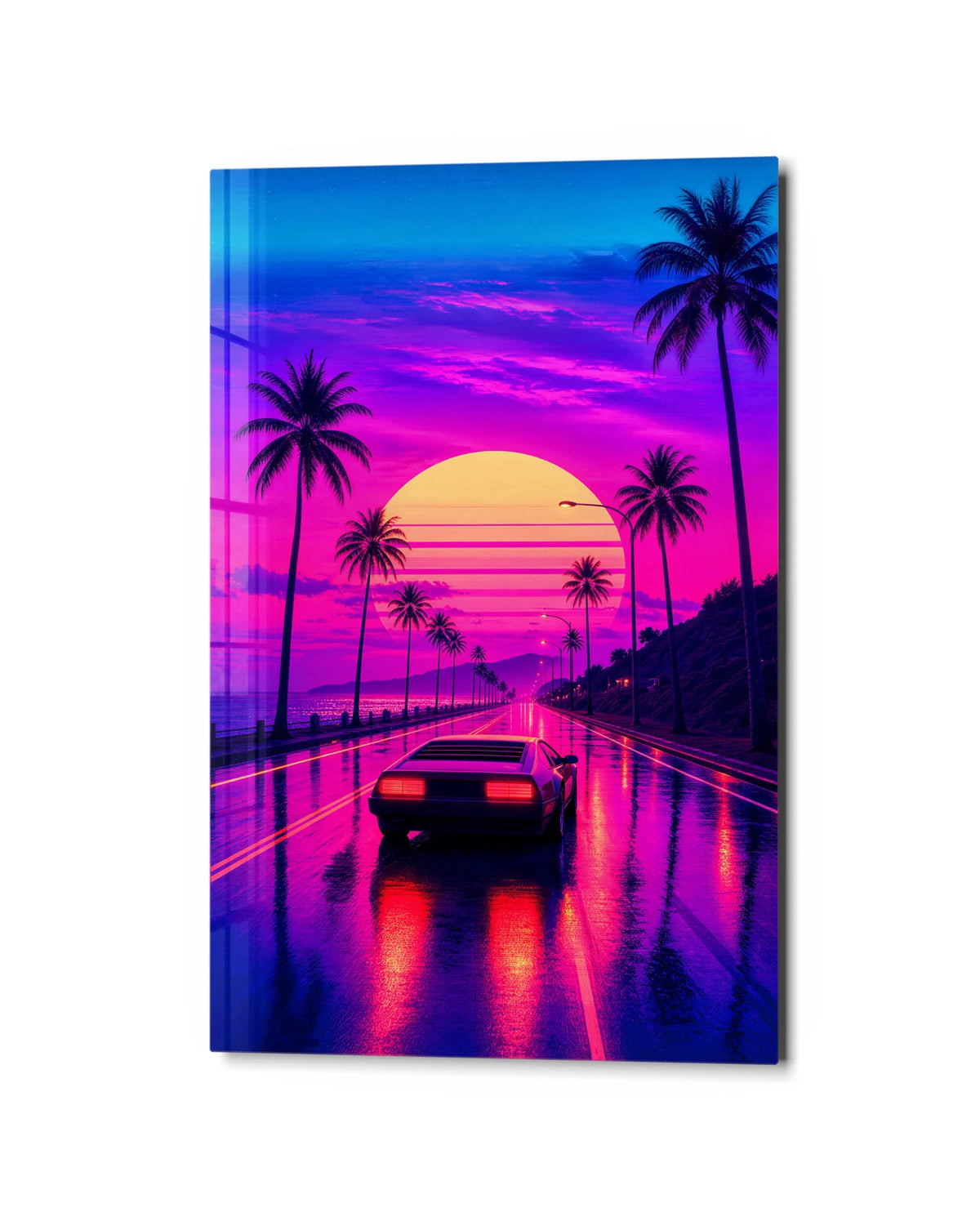 Neon Coast Drive — studio view of glass wall art