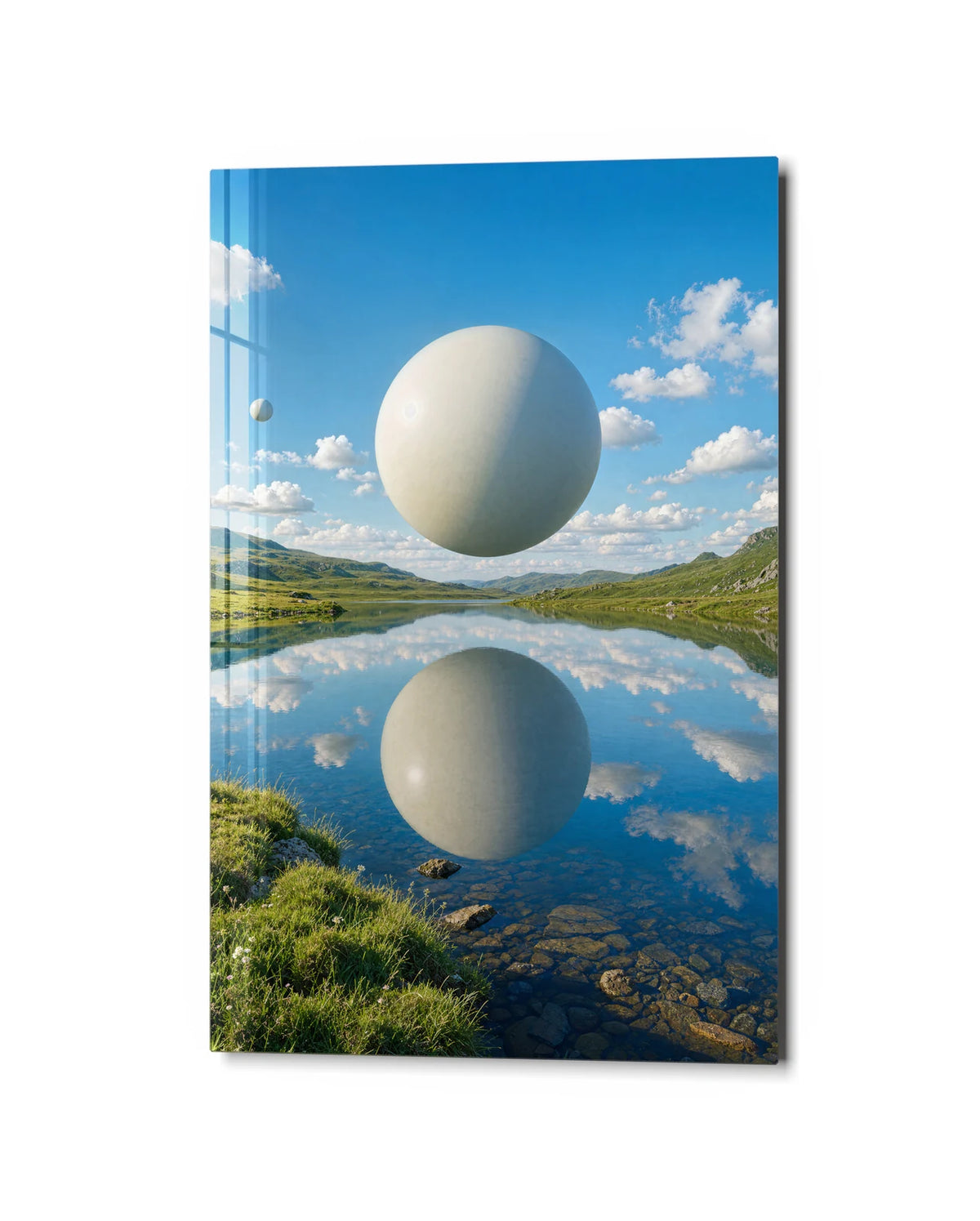 A Sphere Above Stillness — studio view of glass wall art