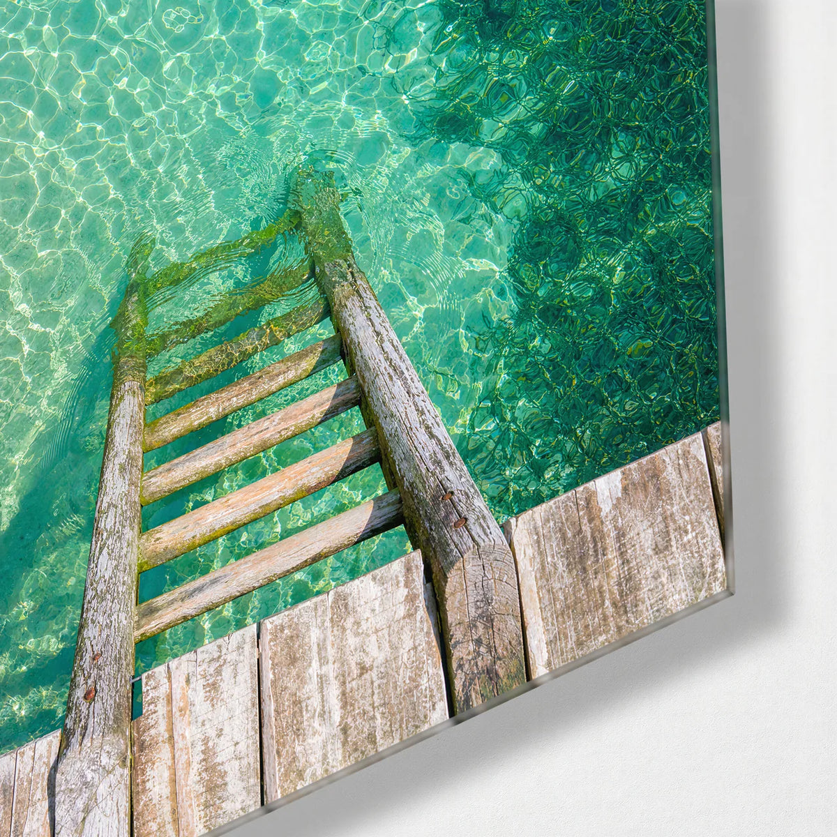 Straight into the Blue — corner detail of glass wall art
