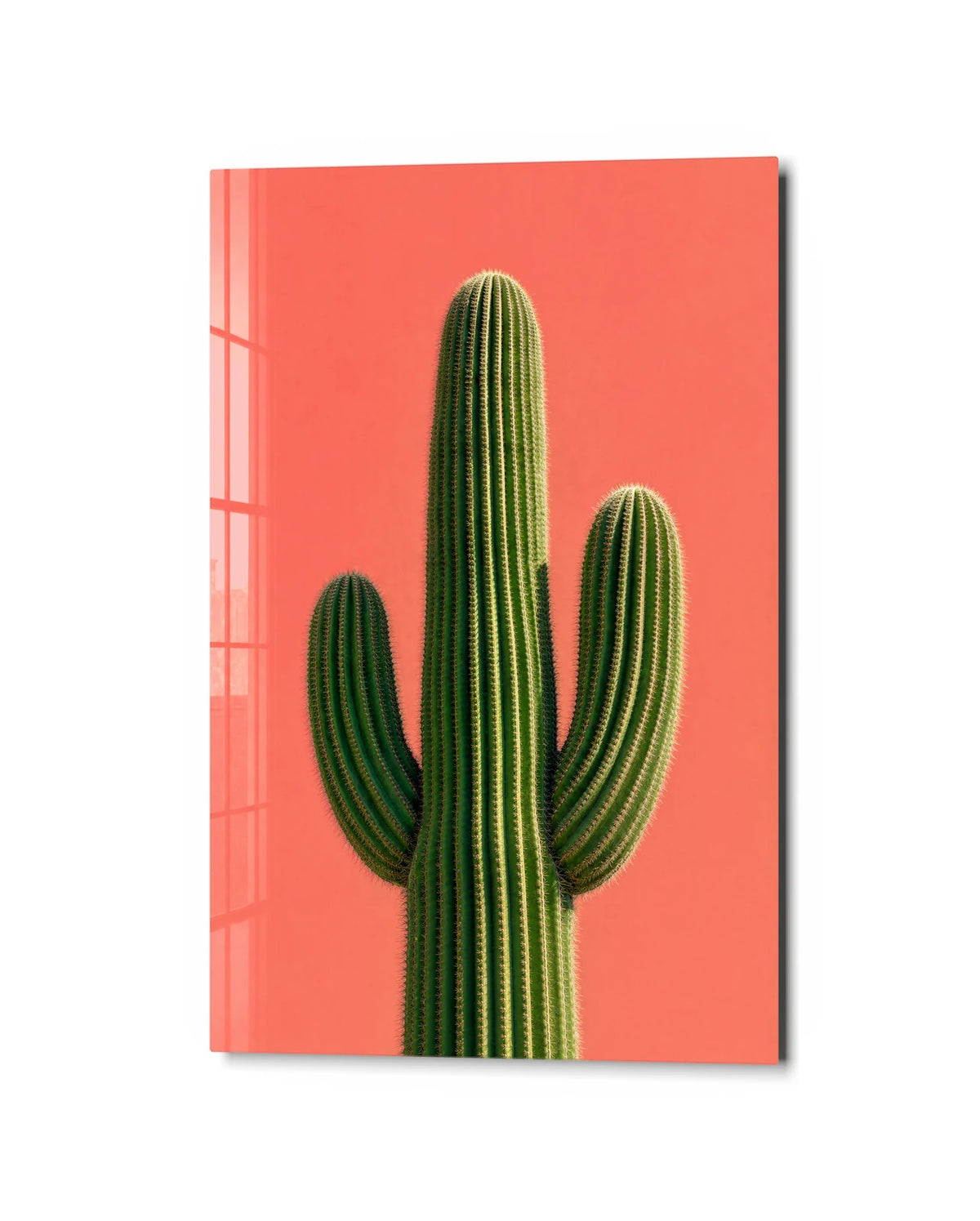 Cactus in Coral — studio view of glass wall art
