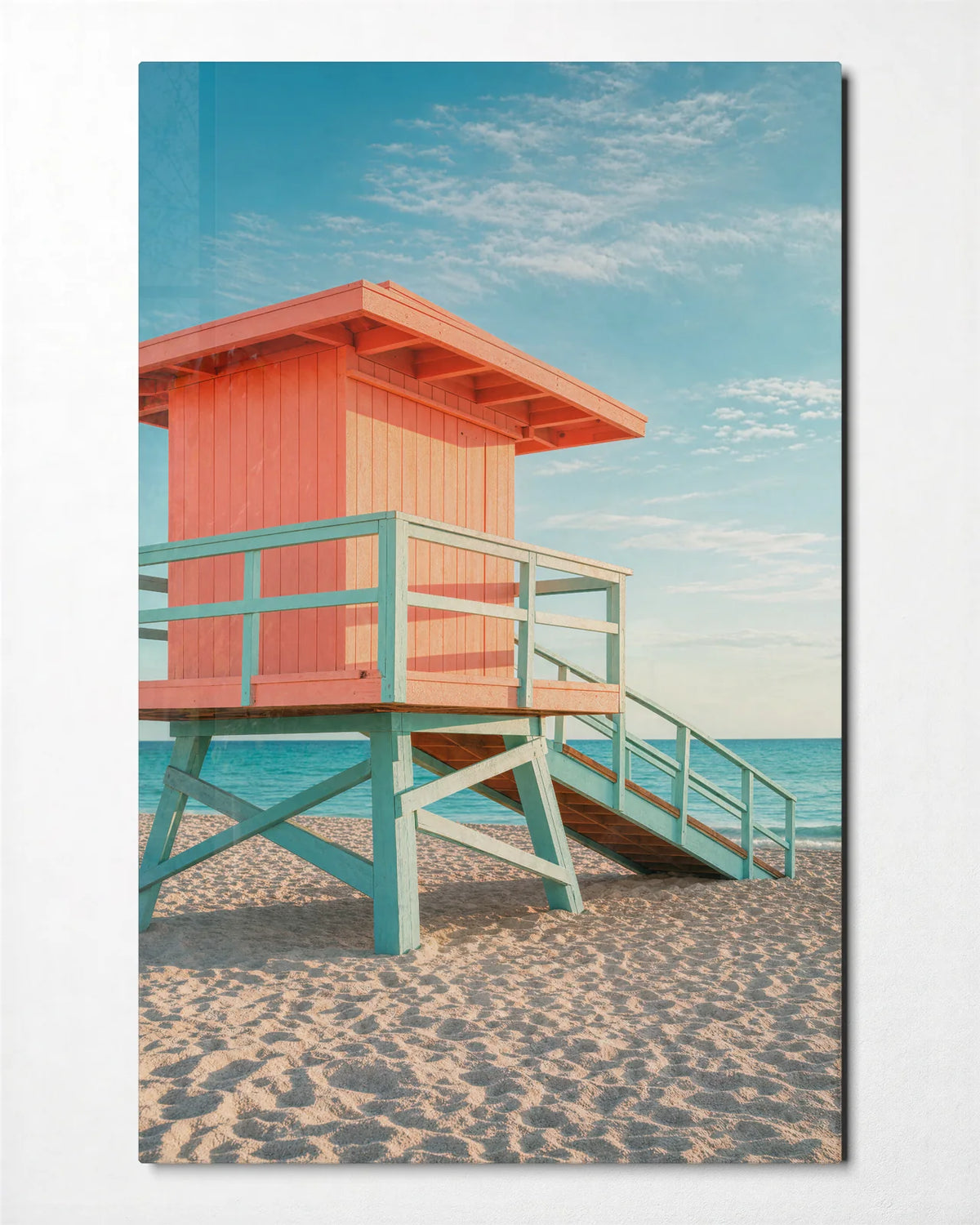 Beach Hut Morning — front view of glass wall art