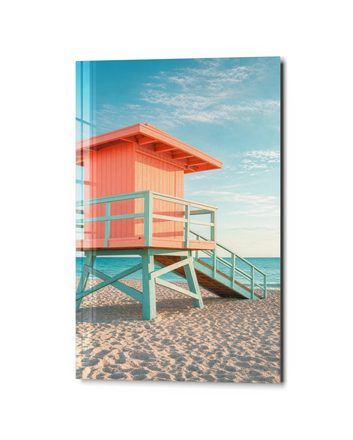 Beach Hut Morning — studio view of glass wall art