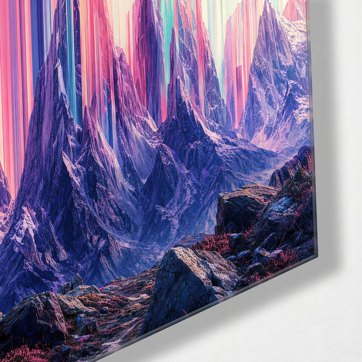 Mountains into Stripes — corner detail of glass wall art