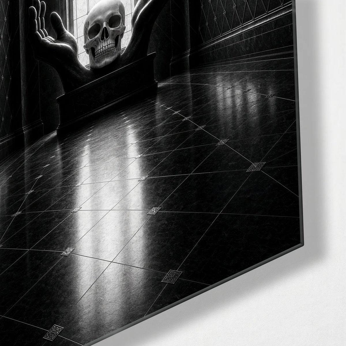 Skull at the Window — corner detail of glass wall art