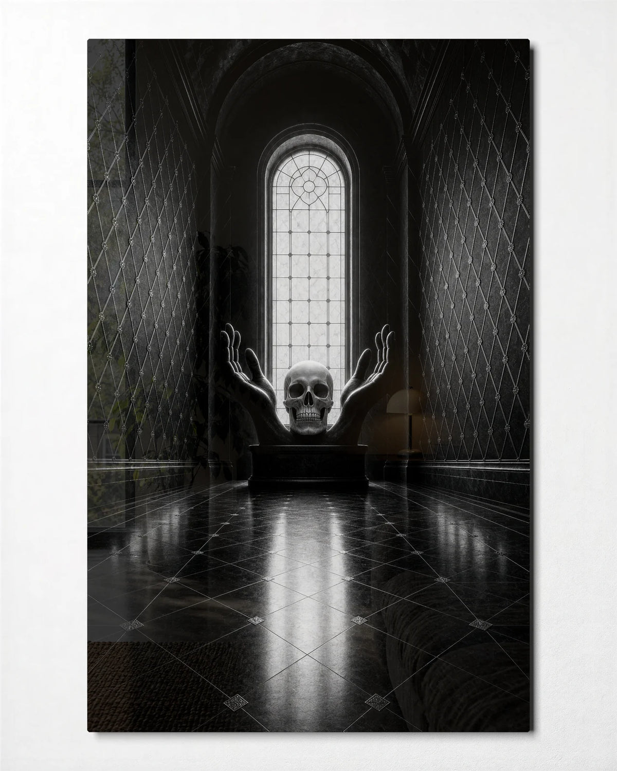 Skull at the Window — front view of glass wall art