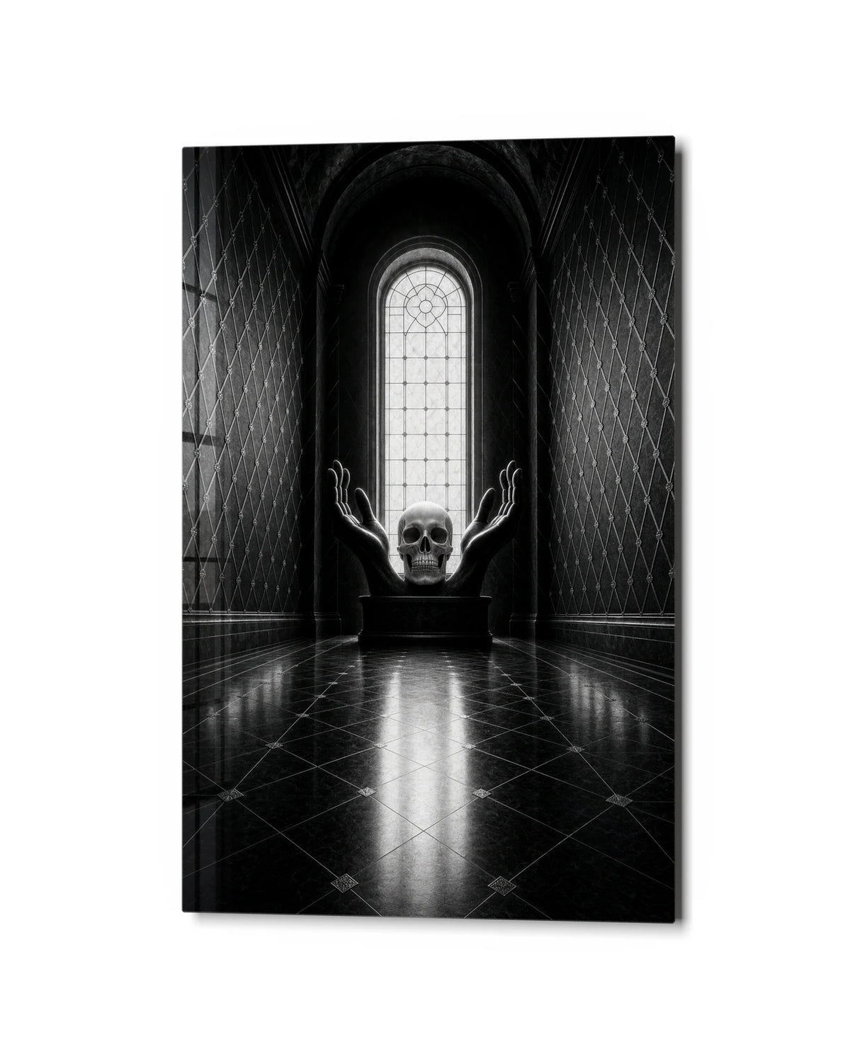 Skull at the Window — studio view of glass wall art