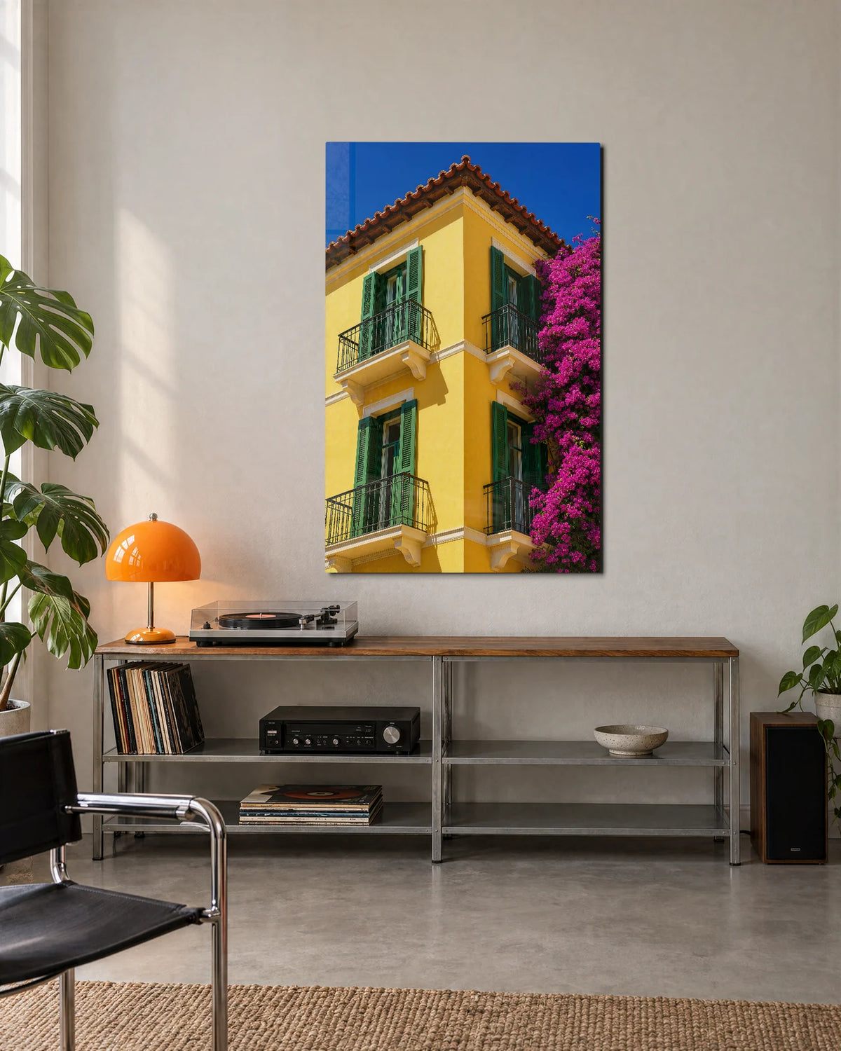 Yellow House Pink Flowers — shown in a living space