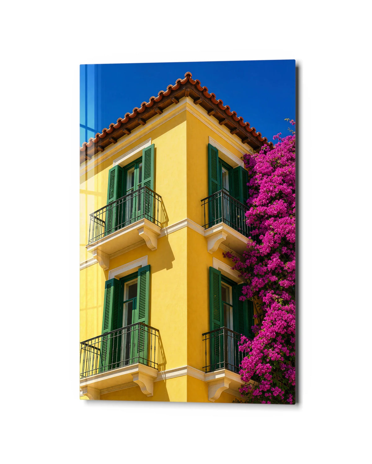 Yellow House Pink Flowers — studio view of glass wall art