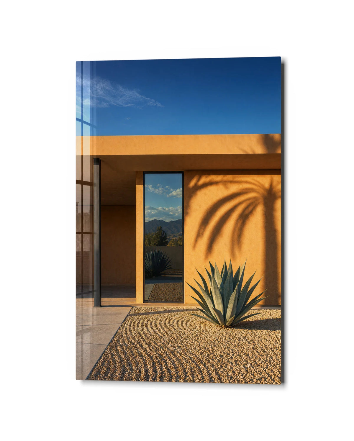 Desert Courtyard — studio view of glass wall art