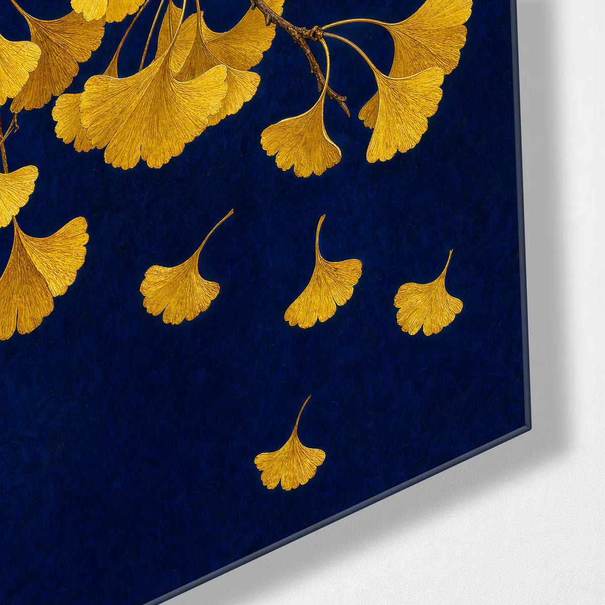 Gold Leaves Blue Ground — corner detail of glass wall art