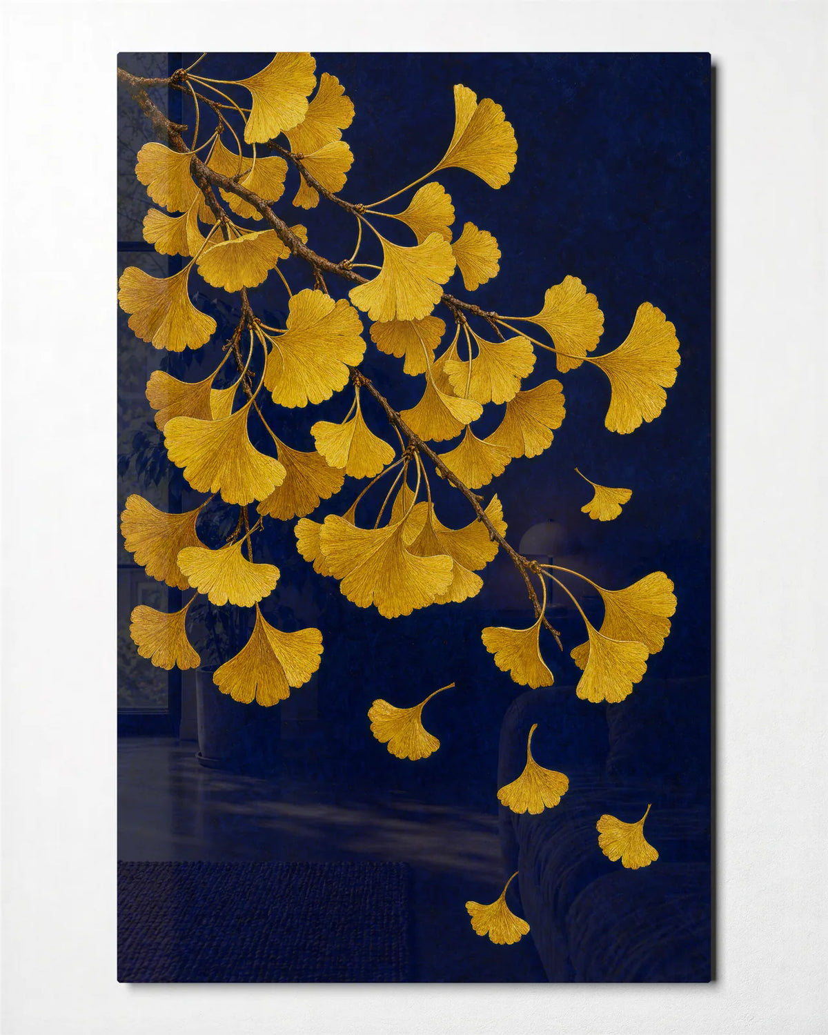 Gold Leaves Blue Ground — front view of glass wall art